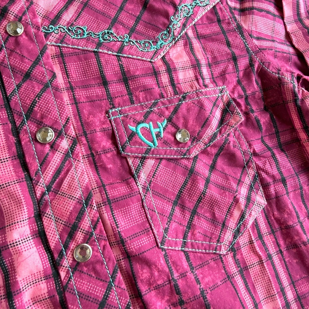 Cowgirl Hardware Western Snap Shirt Pink Plaid Embroidered Girls Small Sz 6 NWOT - Picture 4 of 7